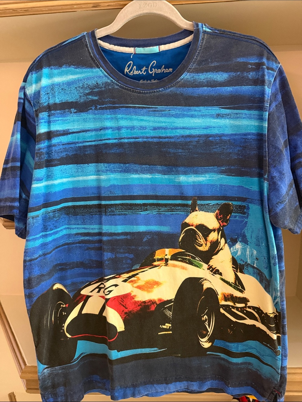 Robert Graham Blue Striped Tee with Racing Bulldog Graphic